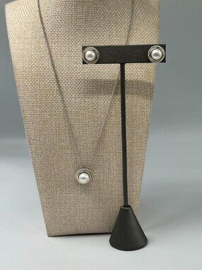 RL Signed 14K Sterling Silver Pearl Pendant Necklace Earrings Set Pierced 18"